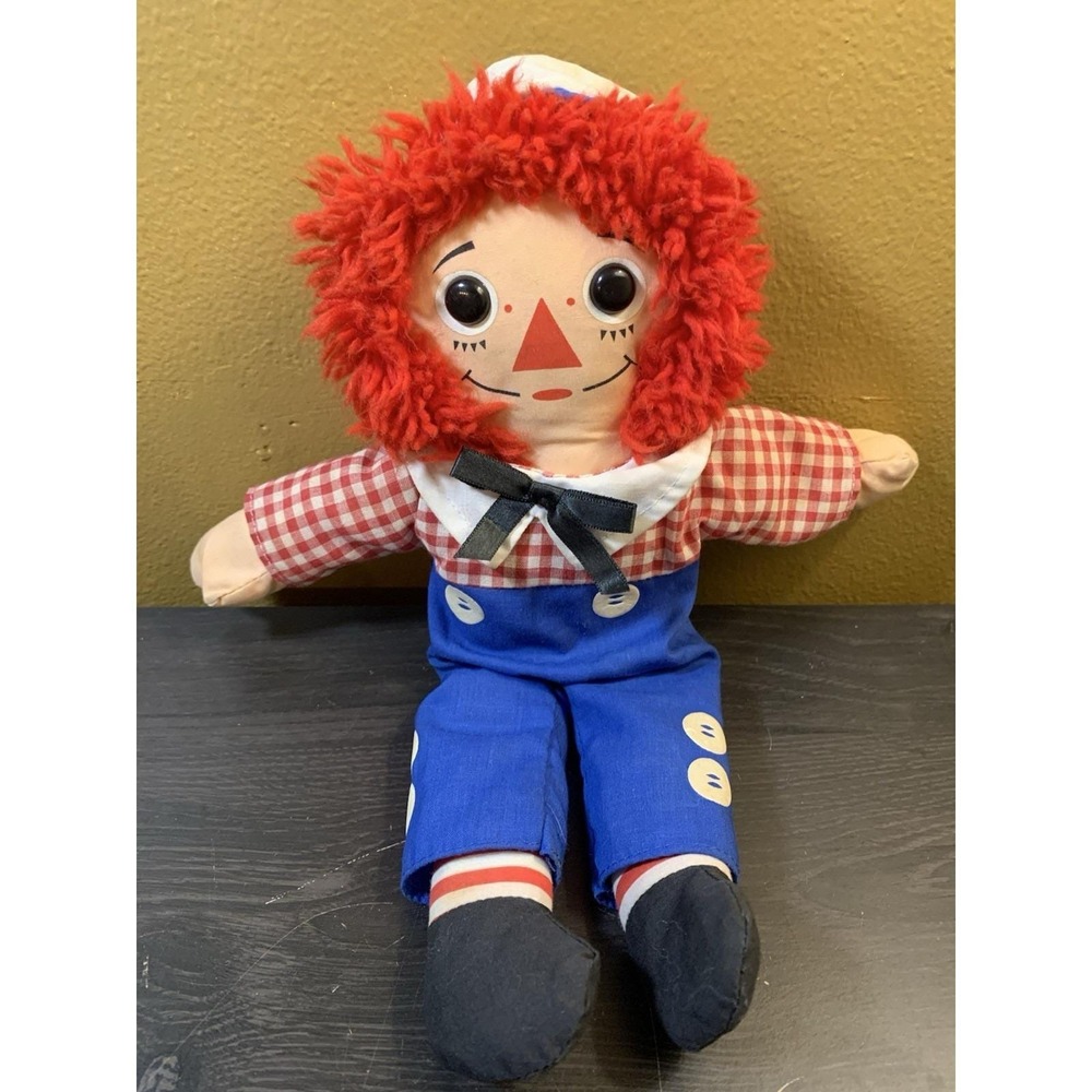 Vintage Raggedy Andy Plush Rag Doll Red Yarn Hair Gingham Shirt Blue Pants 12"